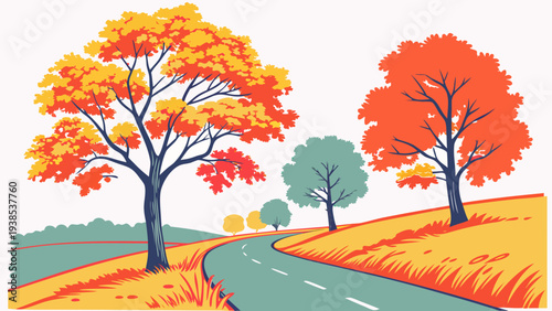 Colorful autumn trees standing tall in a lush green field with a blue sky Vector