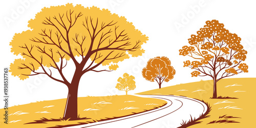 Two trees stand tall with vibrant yellow leaves in a serene autumn landscape with a soft snowfall Vector