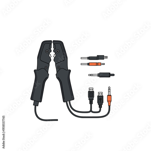 Illustration of a crimping tool connected to various audio and USB cables and connectors for electronic projects.