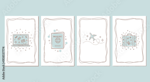Travel concept illustrations: laptop, passport, airplane, suitcase, vector graphics