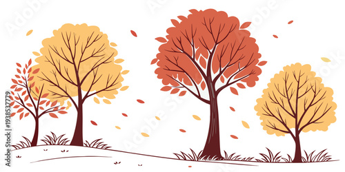 Autumn trees with vibrant orange and yellow leaves in a serene landscape Vector