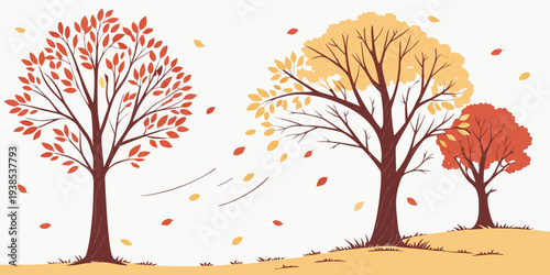 Three trees in a row with leaves changing colors during the autumn season. Vector