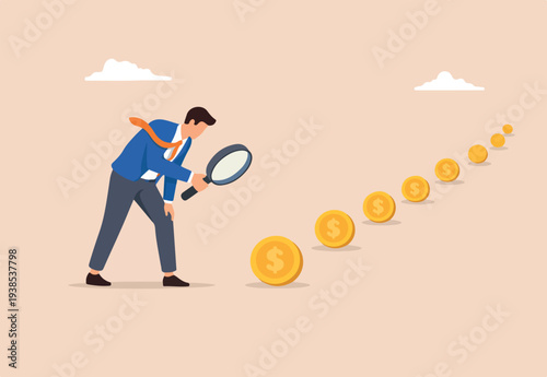Searching for investment opportunity, financial success or salary raise, inspect way to make profit and earning concept, curios businessman with magnifier inspect and follow money coins trail.