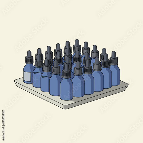 A collection of blue dropper bottles neatly arranged on a white tray, suggesting laboratory or cosmetic use.