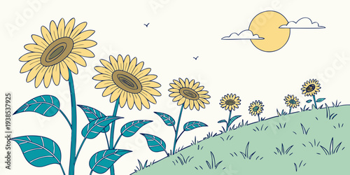 Sunflowers in a field with a bright sun in the sky and a happy sunflower face Vector