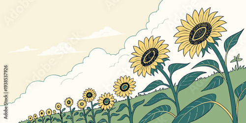 A serene landscape of sunflowers under a vast blue sky with a few scattered clouds Vector