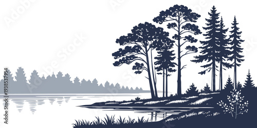 A serene landscape with tall trees standing by the water's edge at dusk Vector