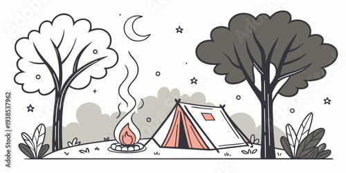 A serene campsite nestled under tall trees with a clear sky above. Vector