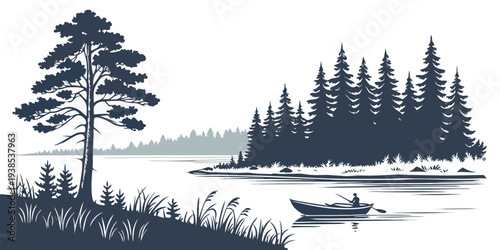 Serene lake surrounded by lush green trees and distant mountains under a clear sky Vector