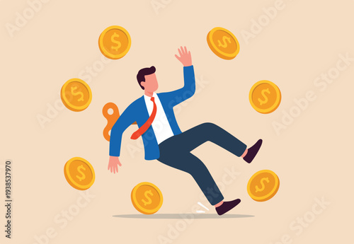 Financial mistake losing money, investment risk or trading failure, debt and loan, cost and expense problem concept, clumsy businessman investor fall on slippery floor losing all money dollar coins