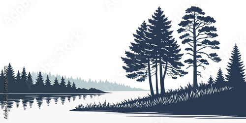 A serene winter landscape with a frozen lake and tall pine trees Vector