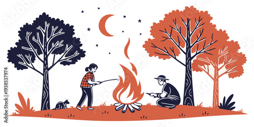 A serene autumn scene with a family of foxes enjoying the forest under a full moon Vector