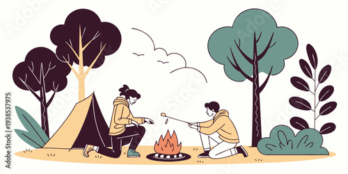 A serene campsite nestled in a forest with a family enjoying nature Vector
