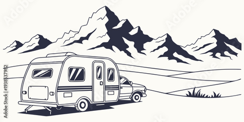 A vintage camper van travels along a scenic mountain road with a dog in the back. Vector