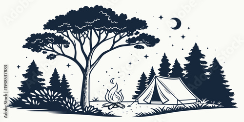 A serene nighttime camping scene with a full moon and a lone tree in the foreground. Vector