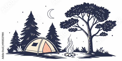 A serene campsite nestled in a forest with a tent and a campfire surrounded by trees. Vector