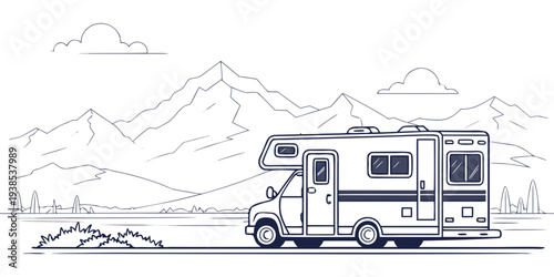A camper van parked in a scenic mountainous landscape with a dog nearby Vector