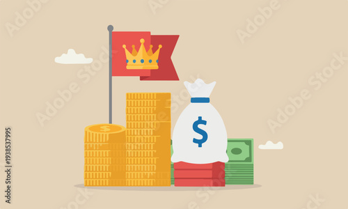 Cash is king flag pillars red pillars or investor prepare cash to buy stock in economic crisis concept, stack of money dollar coins and money bag with precious king golden crown