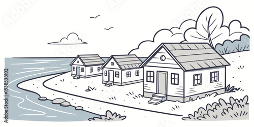 A charming house by the sea with a picturesque view and a small boat nearby Vector