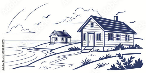 A serene countryside scene with a cozy house and a barn by a tranquil lake Vector