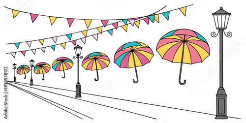 Colorful umbrellas and people on a sunny day at a festival Vector