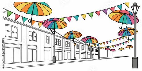 Colorful flags and bunting decorate a charming street of white buildings Vector