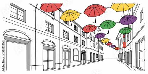 A vibrant street scene with colorful buildings and a diverse array of shops and businesses Vector