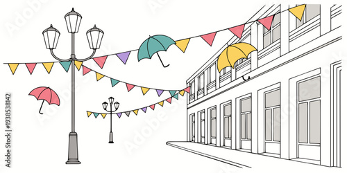 A festive street adorned with colorful flags and banners. Vector