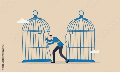 Escape from challenge break free for freedom concept, strong ambitious businessman bended the bar and escape from bird cage trap