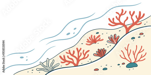 A vibrant underwater scene with colorful coral and marine life. Vector