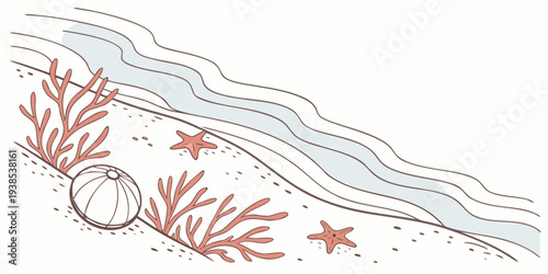 A serene beach scene with gentle waves and seashells on the shore Vector