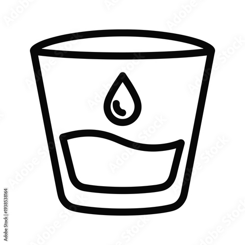 Rocks Glass Tumbler Icon with Water Droplet - Minimalist Black and White Line Art Beverage Vector