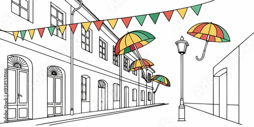 Children playing with colorful toys and balloons in a sunny street scene. Vector