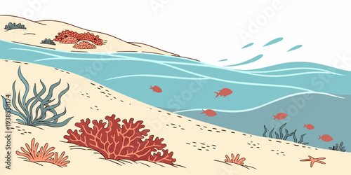 Vibrant underwater scene with diverse marine life and coral reefs Vector