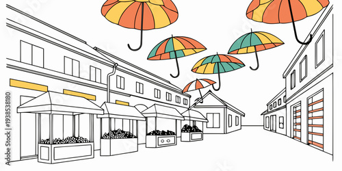 A bustling street scene with colorful umbrellas and people enjoying their day Vector