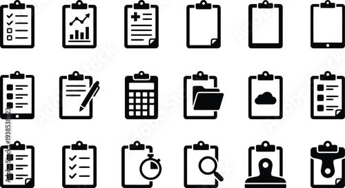 Collection of business document icons representing various forms of paperwork and digital information management