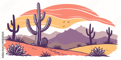 A serene desert landscape with cacti and a vibrant sunset on the horizon Vector