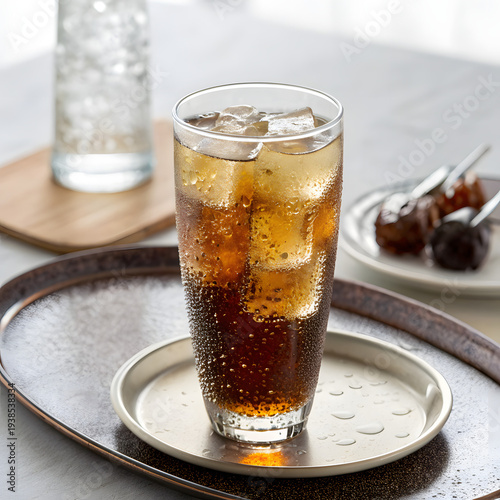 Iced coffee with ice cubes on a silver tray in a dark background,  Refreshing Drink on Table, glass of cola with ice cubes on wood table , soft drink.

