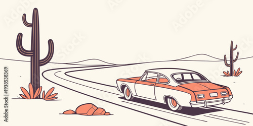 A vintage car driving on a desert road with a cactus in the background. Vector