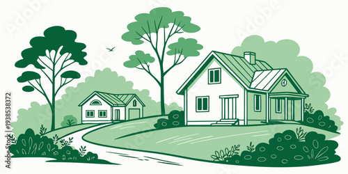 A serene suburban neighborhood with houses surrounded by lush greenery and trees Vector