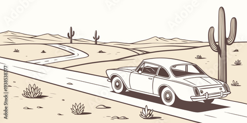 A group of cars driving on a desert highway with cacti and mountains in the background Vector