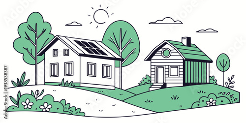 A charming illustration of a house with a garden and a tree in the background. Vector