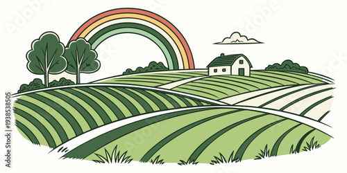 A vibrant and colorful illustration of a farm with a rainbow overhead Vector