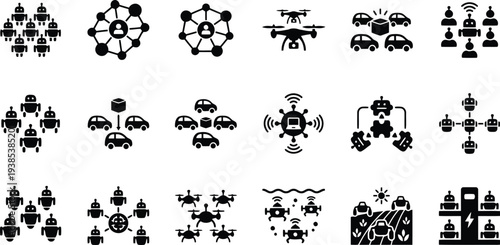Collection of futuristic technology and automation icons illustrating connected systems