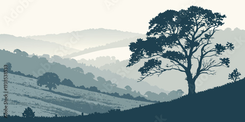 A solitary tree stands tall on a misty hill overlooking a vast landscape. Vector