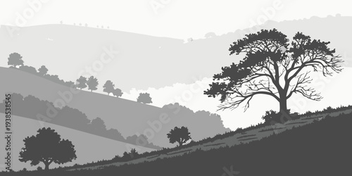 A serene landscape with rolling hills, trees, and grazing animals under a clear sky Vector