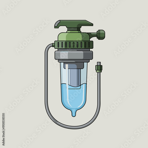 A clear illustration of a compact water filter with a transparent chamber and connecting tubes.