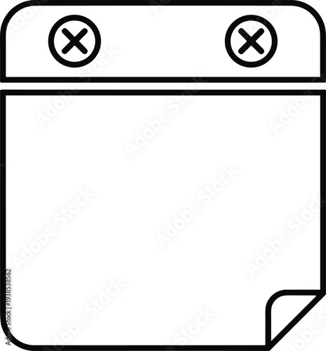 Minimalist black and white calendar notepad icon illustration with rectangular shape, binding rings, folded corner detail, symbolizing scheduling, planning, note‑taking, and time management concept