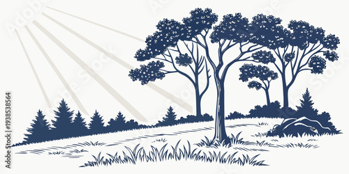 A serene landscape with a large tree standing tall amidst a peaceful forest. Vector