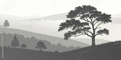 A serene landscape with a solitary tree on a hill overlooking a vast expanse of land Vector